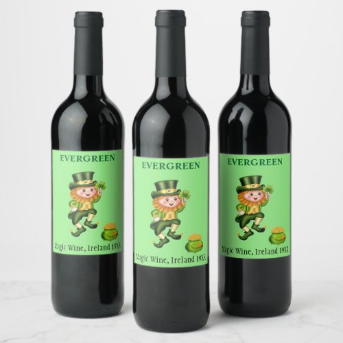 Cute leprechaun  pot of gold on lime green wine label