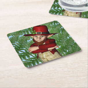 Cute Leprechaun Shamrock Irish Folklore Art Square Paper Coaster