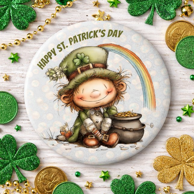 Cute Leprechaun With Pot of Gold and Rainbow Button (Creator Uploaded)