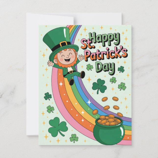 Cute Leprechaun with Rainbow St. Patrick's Day Holiday Card (Front)