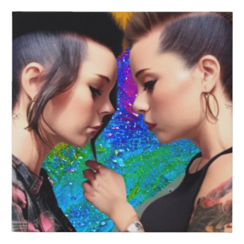 Cute Lesbian Couple Rainbow Art Faux Canvas Print
