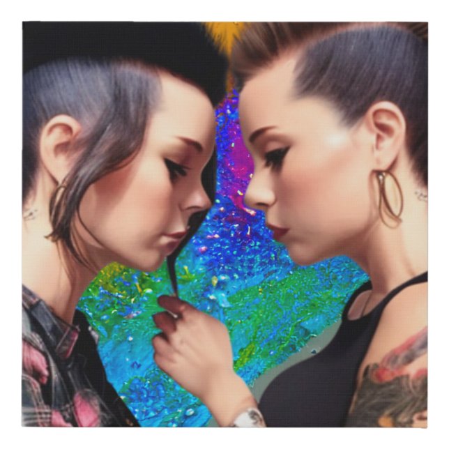 Cute Lesbian Couple Rainbow Art Faux Canvas Print (Front)