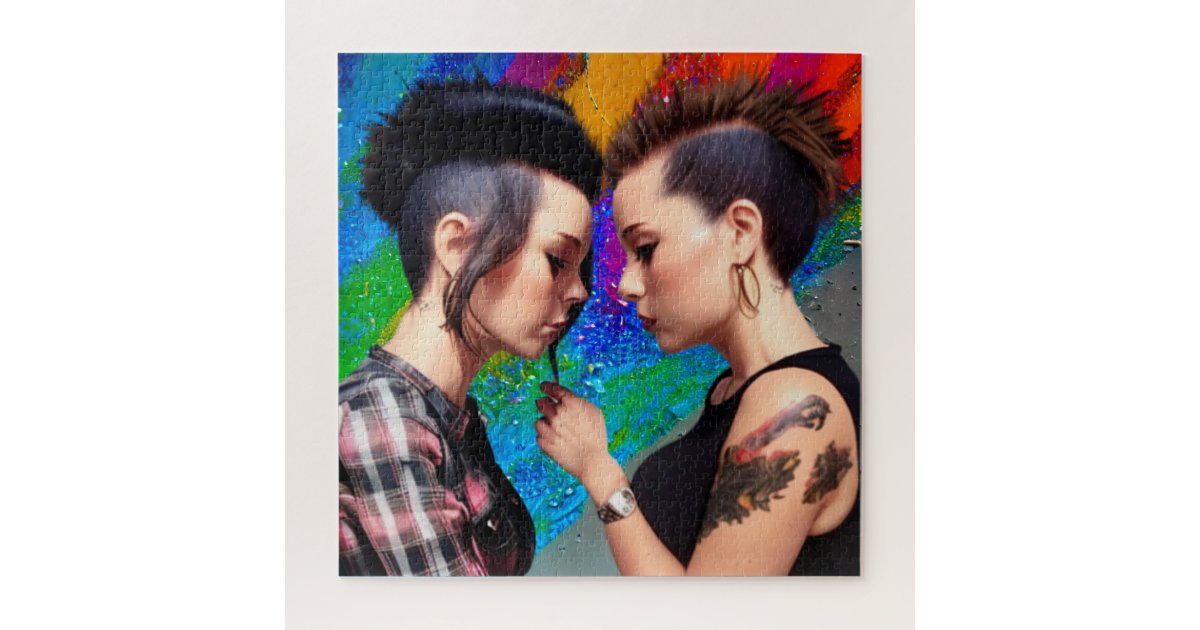 Cute Lesbian Couple Rainbow Art Jigsaw Puzzle Zazzle