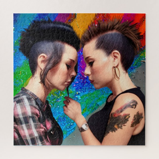 Cute Lesbian Couple Rainbow Art Jigsaw Puzzle (Vertical)