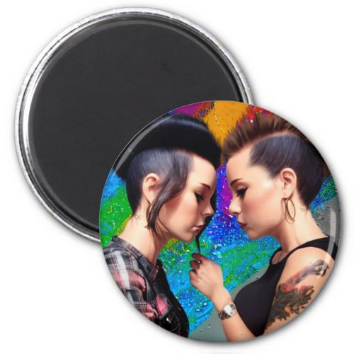Cute Lesbian Couple Rainbow Art Magnet