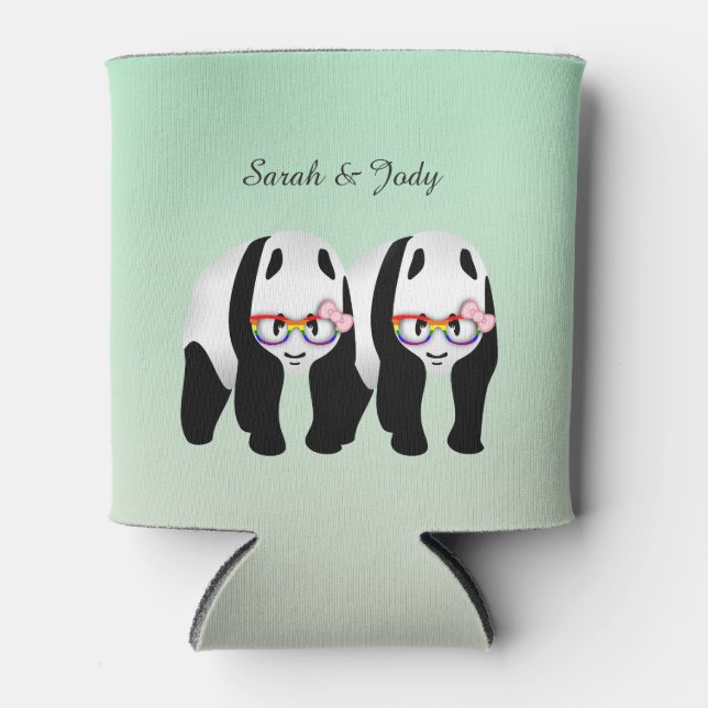 Cute Lesbian Pandas Rainbow Glasses Wedding Favor Can Cooler (Front)