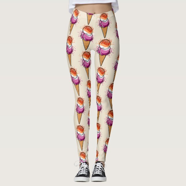 Cute Lesbian Sapphic LGBT Pride Flag Ice Cream  Leggings (Front)