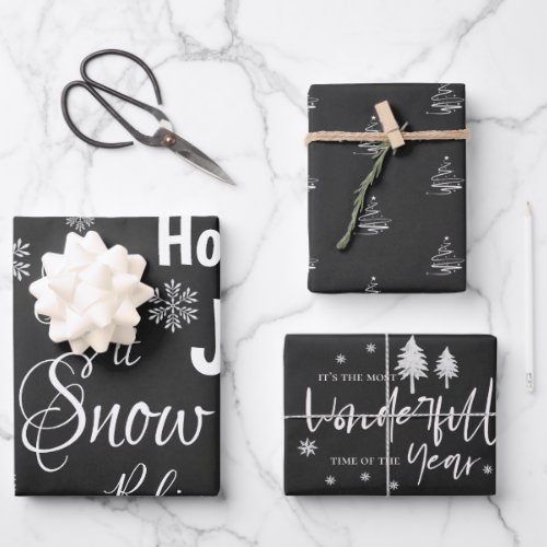 Cute Let It Snow Black Merry Christmas Quote Gift Wrapping Paper Sheets