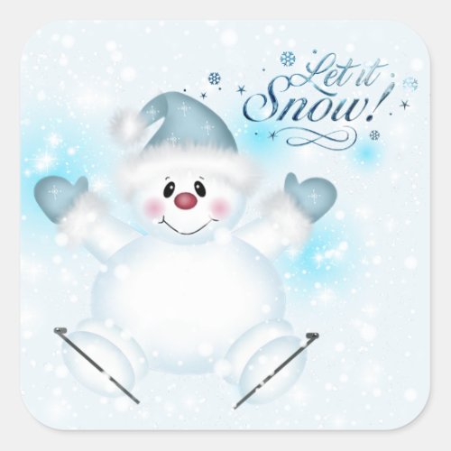 Cute Let It Snow Ice Skating Snowman Square Sticker