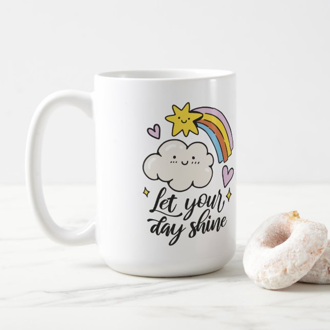 Cute Let Your Day Shine Cartoon Cloud and Rainbow Coffee Mug (With Donut)