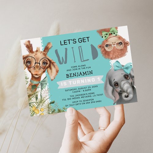 Cute Lets Get Wild Blue Jungle 1st Birthday Party Invitation