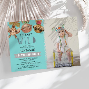 Cute Let's Get Wild Blue Jungle 1st Birthday Photo Invitation