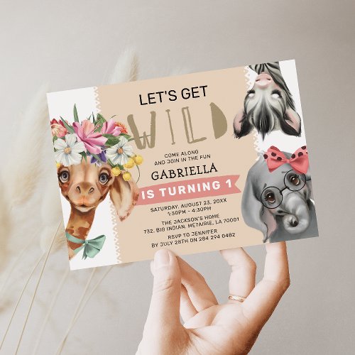 Cute Lets Get Wild Pink Jungle 1st Birthday Party Invitation