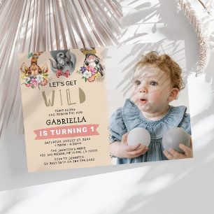 Cute Let's Get Wild Pink Jungle 1st Birthday Photo Invitation
