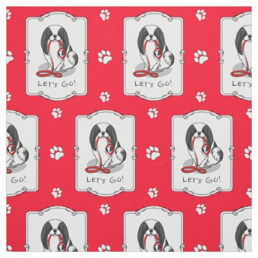 Cute Let's Go! Japanese Chin Dog (black & white 1) Fabric