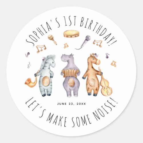 Cute Lets Make Some Noise African Animals Birthday Classic Round Sticker