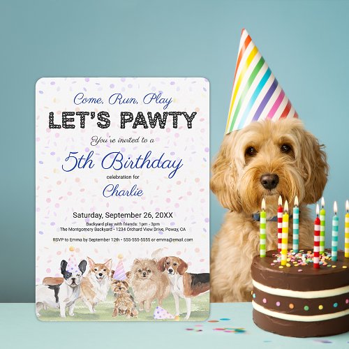 Cute Lets Pawty Blue Custom Dog Birthday Party Invitation