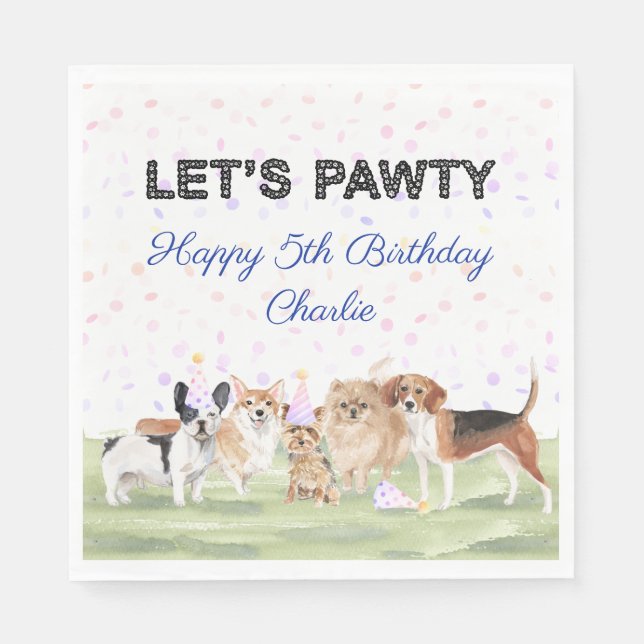 Cute Let's Pawty Blue Custom Dog Birthday Party Napkins (Front)
