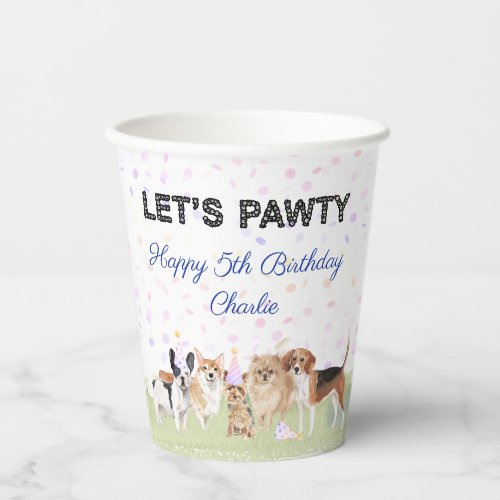 Cute Lets Pawty Blue Custom Dog Birthday Party Paper Cups