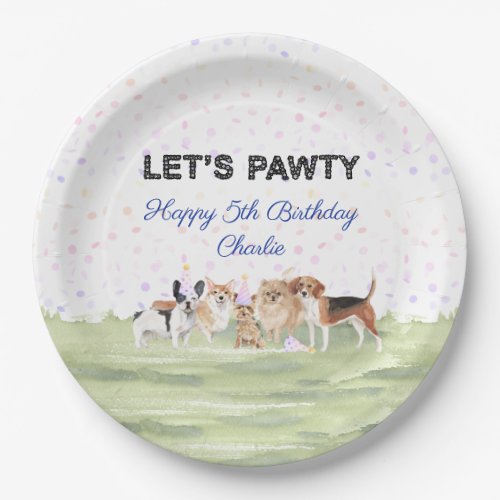 Cute Lets Pawty Blue Custom Dog Birthday Party Paper Plates