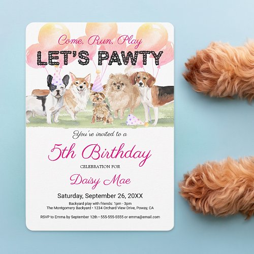 Cute Lets Pawty Custom Dog Birthday Party Invitation