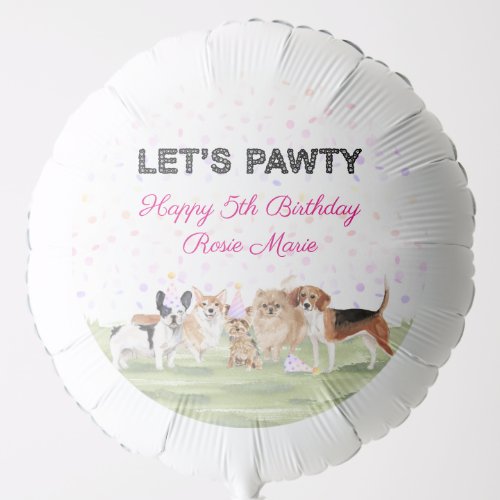 Cute Lets Pawty Pink Custom Dog Birthday Party Balloon