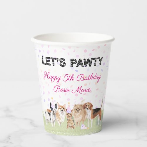 Cute Lets Pawty Pink Custom Dog Birthday Party Paper Cups