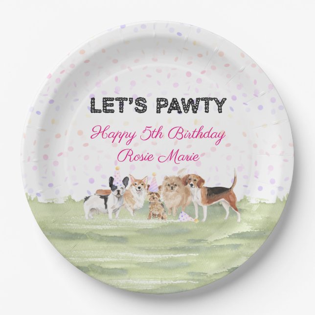 Cute Let's Pawty Pink Custom Dog Birthday Party Paper Plates (Front)