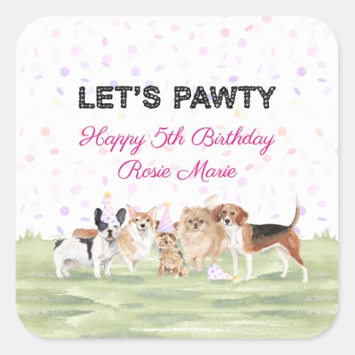 Cute Lets Pawty Pink Custom Dog Birthday Party Square Sticker