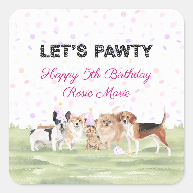 Cute Let's Pawty Pink Custom Dog Birthday Party Square Sticker (Front)