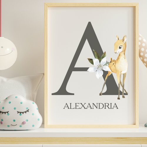 Cute Letter A Monogram Gray Woodland Nursery Poster