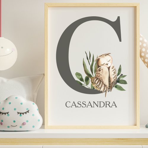 Cute Letter C Monogram Woodland Owl Nursery Poster