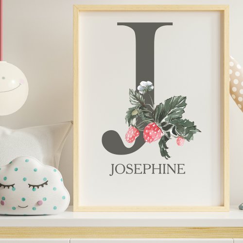 Cute Letter J Monogram Floral Strawberry Nursery  Poster