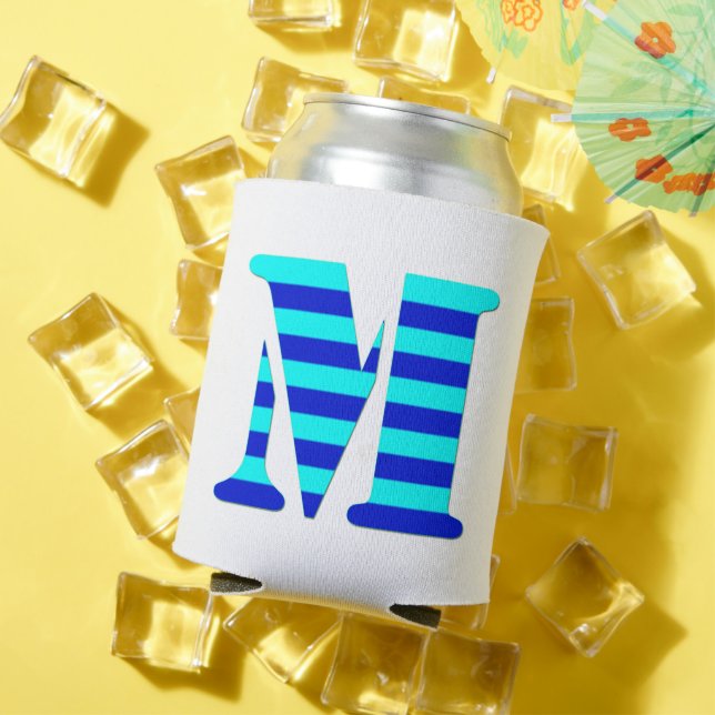 CUTE LETTER M, BLUE Minimal Black Funny Can Cooler (In Situ Summer)