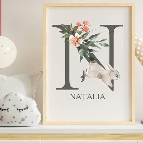 Cute Letter N Monogram Rabbit Floral Nursery Poster