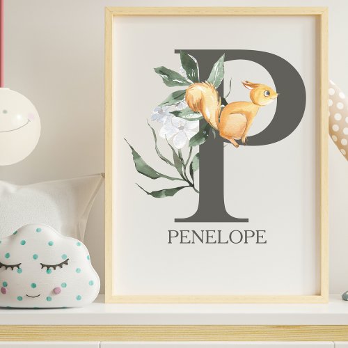 Cute Letter P Monogram Squirrel Floral Nursery  Poster