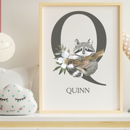 Cute Letter Q Monogram Racoon Floral Nursery  Poster