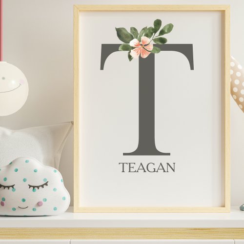 Cute Letter T Monogram Floral Botanical Nursery Poster