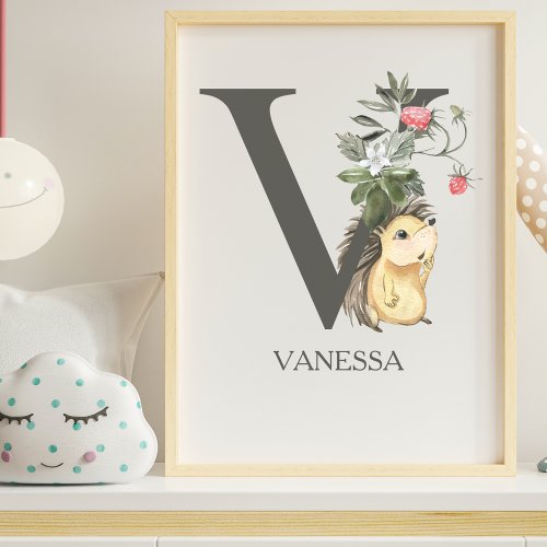 Cute Letter V Monogram Hedgehog Flower Nursery  Poster