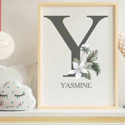 Cute Letter Y Monogram White Floral Nursery Poster