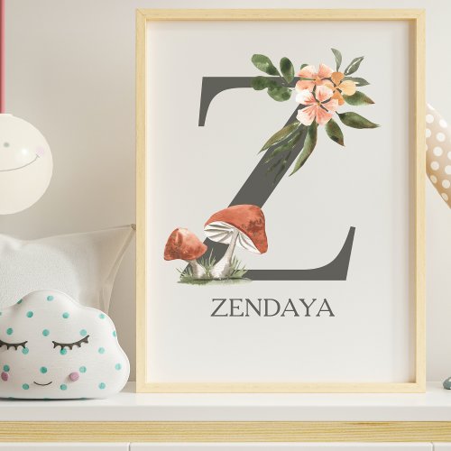 Cute Letter Z Monogram Peach Floral Nursery Poster