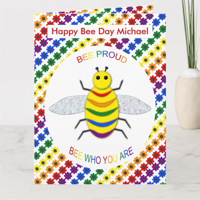 Cute LGBT Bee Proud Rainbow and Flowers Birthday Card (Front)