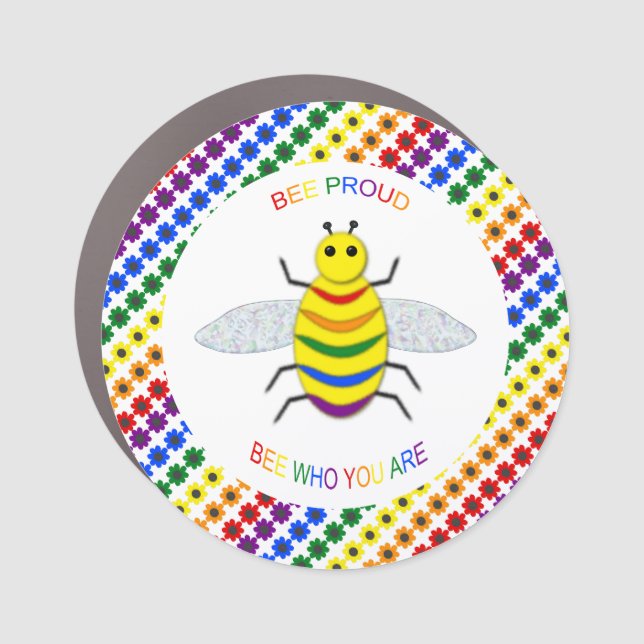 Cute LGBT Proud Rainbow Bee and Flowers Car Magnet (Front)