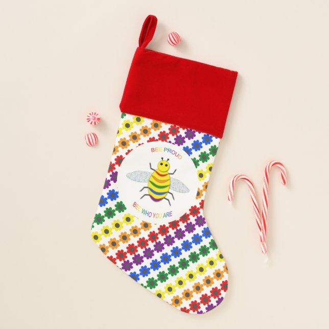 Cute LGBT Proud Rainbow Bee and Flowers Christmas Stocking (Front)