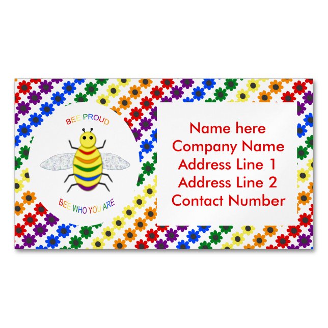 Cute LGBT Proud Rainbow Bee and Flowers Custom Business Card Magnet (Front)