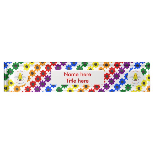 Cute LGBT Proud Rainbow Bee and Flowers Custom Desk Name Plate (Front)