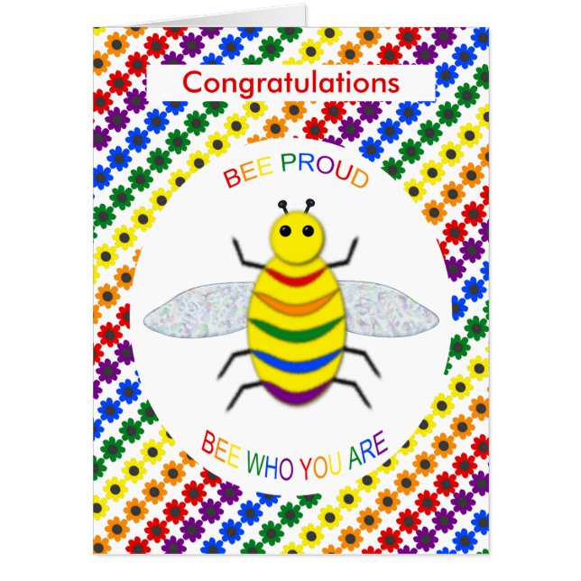 Cute LGBT Proud Rainbow Bee and Flowers Engagement Card (Front)