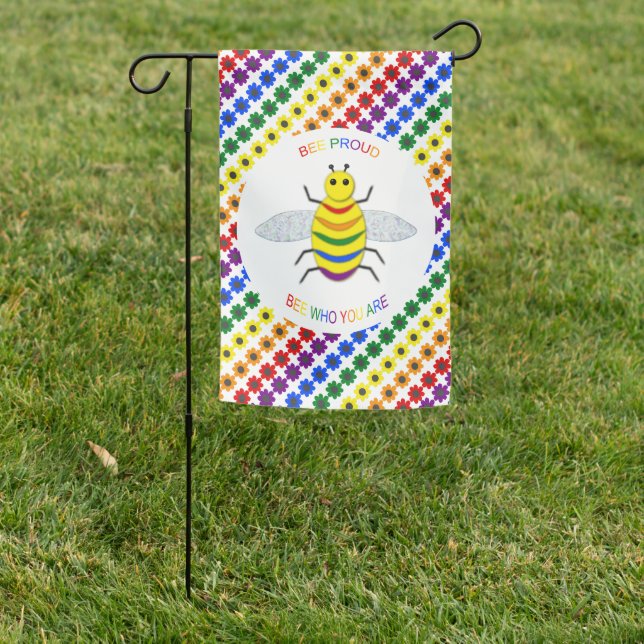 Cute LGBT Proud Rainbow Bee and Flowers Garden Flag (In SItu)