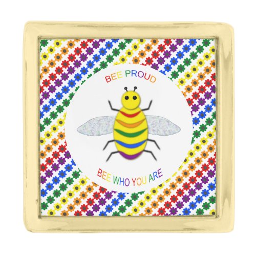 Cute LGBT Proud Rainbow Bee and Flowers Gold Finish Lapel Pin