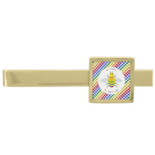 Cute LGBT Proud Rainbow Bee and Flowers Gold Finish Tie Bar